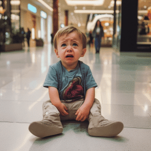 תמונה בגובה העיניים של ילד בוכה בקניון