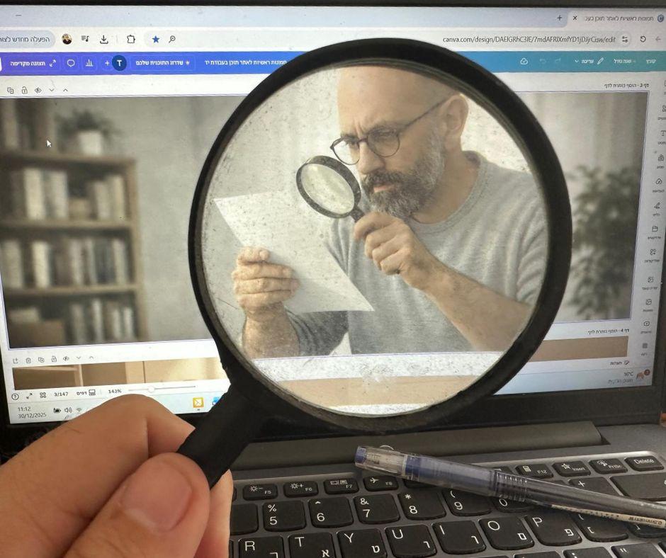 מבט מבעד לזכוכית מגדלת על תמונה של עצמי מביט בנייר מבעד לזכוכית מגדלת